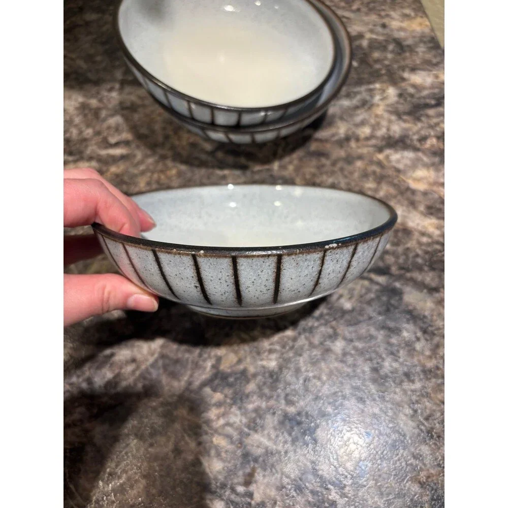 Denby Stoneware gray brown stripe Pasta Salad Bowls Set Made langley England VTG
